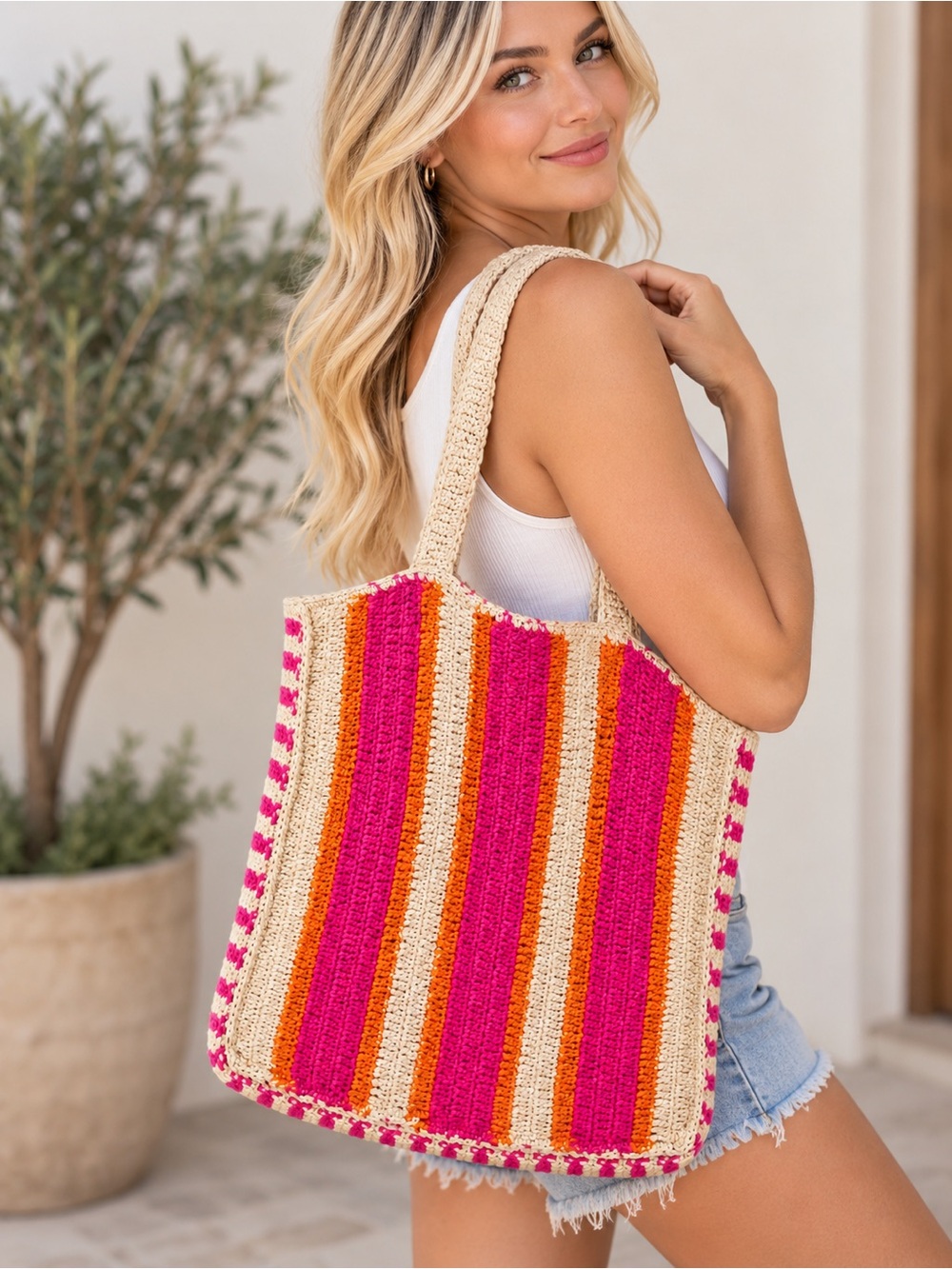 Woven Boho Tote Pink Rust Orange Cream Striped Artisan Eclectic Fall Bag - Picture 1 of 12